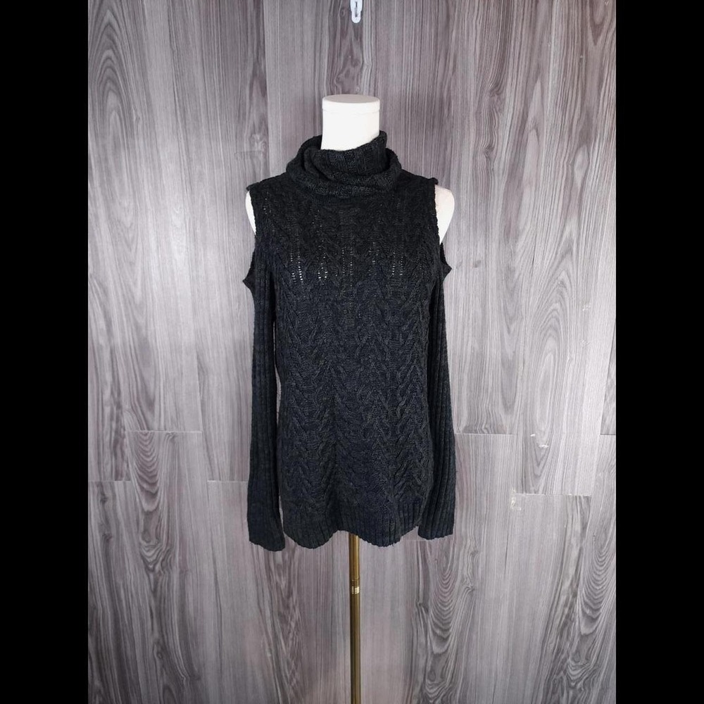 Faded Glory Womens Black Cold Shoulder Cable Knit Turtleneck Sweater Size M 8-10